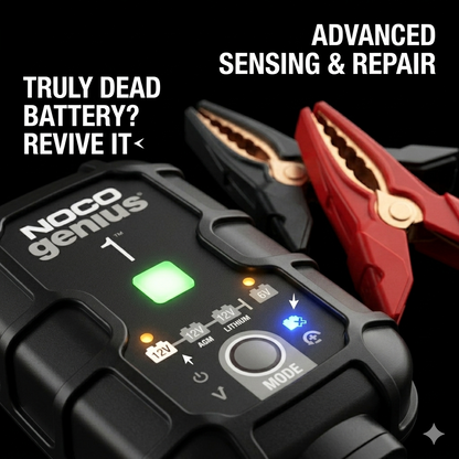 NOCO GENIUS1 1A Smart Battery Charger, 6V and 12V, Battery Maintainer, Trickle Charger and Desulfator -KKK