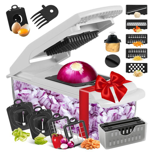 Cortador de Verduras, Picador de Alimentos Multifuncional 15 en 1, Picador de Cebolla Profesional con 8 Cuchillas, Cortador de Verduras con Contenedor para Ensalada, Patata, Zanahoria y Ajo; Herramienta de Cocina Esencial-OA