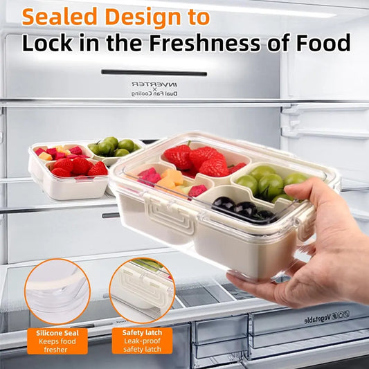 Organizador de alimentos de 4 compartimentos para frutas y verduras, ideal para fiestas, reuniones y uso en la cocina.