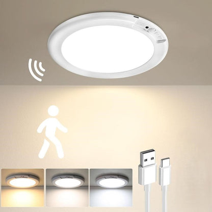 Luz de techo recargable con sensor de movimiento y control remoto - Lámpara de techo inalámbrica magnética a batería para armarios, duchas, escaleras, cobertizos, pasillos, porches, patios, etc.