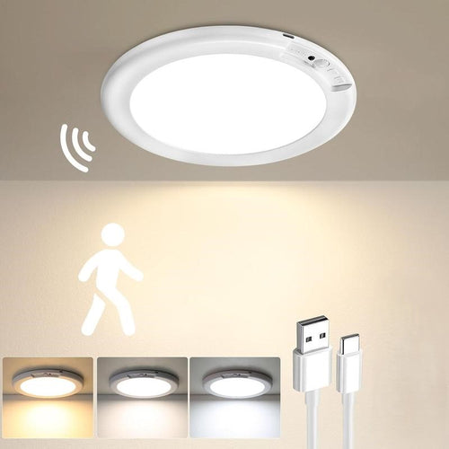 Luz de techo recargable con sensor de movimiento y control remoto - Lámpara de techo inalámbrica magnética a batería para armarios, duchas, escaleras, cobertizos, pasillos, porches, patios, etc.