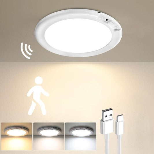 Luz de techo recargable con sensor de movimiento y control remoto - Lámpara de techo inalámbrica magnética a batería para armarios, duchas, escaleras, cobertizos, pasillos, porches, patios, etc.