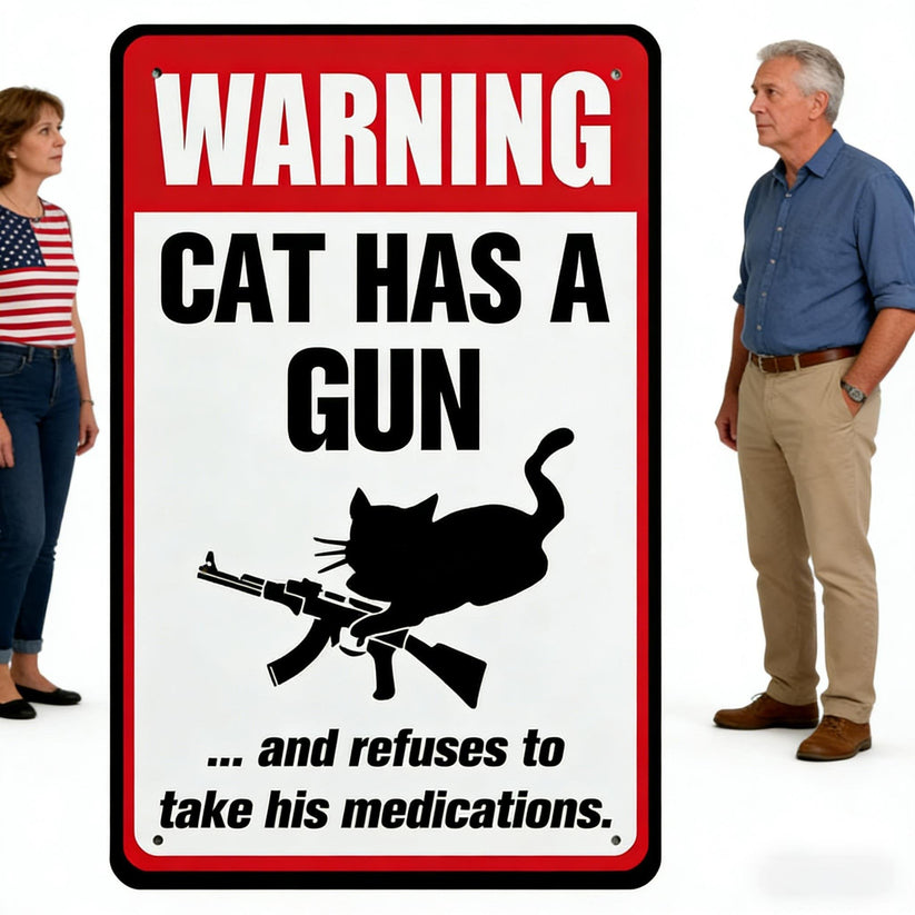 Funny "Cat & Dog Has a Gun & Won't Take Meds" Aluminum Sign -KKK