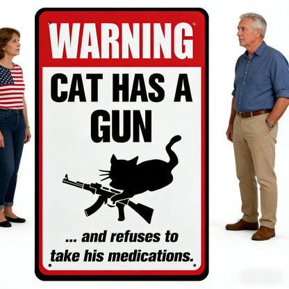 Funny "Cat & Dog Has a Gun & Won't Take Meds" Aluminum Sign -KKK