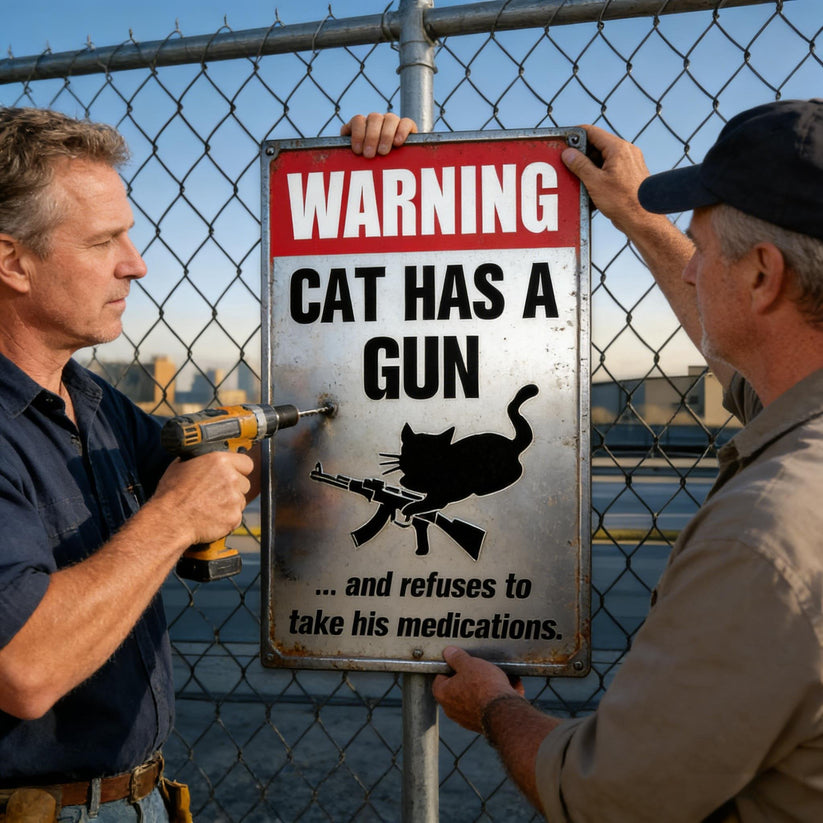 Funny "Cat & Dog Has a Gun & Won't Take Meds" Aluminum Sign -KKK